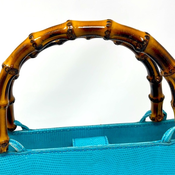 Talbots Vintage 1980s Teal Leather Bamboo Bag - Picture 5 of 16
